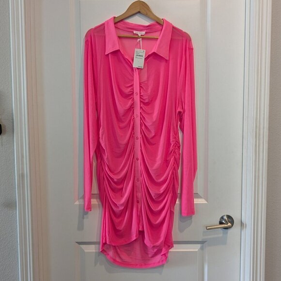 Good American Ruched Sheer Mini Shirt Dress Size 4XL Pink Long Sleeve Button NWT - Picture 3 of 16